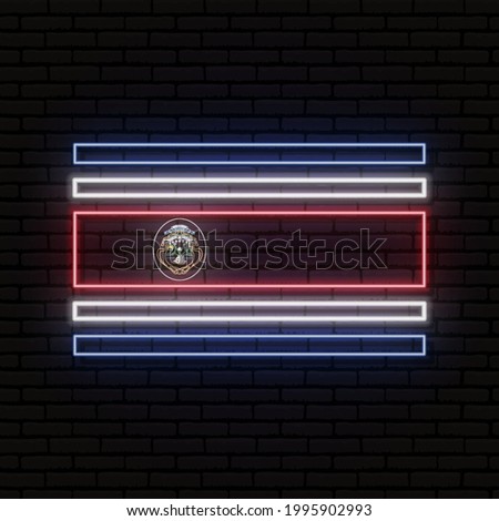 Neon sign in the form of the flag of Costa Rica. Against the background of a brick wall with a shadow. For the design of tourist or patriotic themes. North America