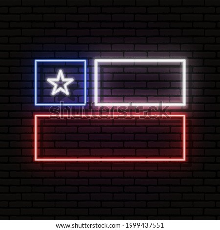 Neon sign in the form of the flag of Chile. Against the background of a brick wall with a shadow. For the design of tourist or patriotic themes. South America