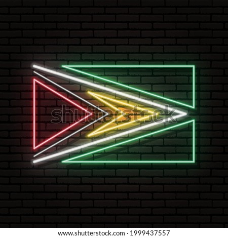 Neon sign in the form of the flag of Guyana. Against the background of a brick wall with a shadow. For the design of tourist or patriotic themes. South America