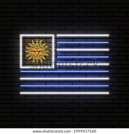 Neon sign in the form of the flag of Uruguay. Against the background of a brick wall with a shadow. For the design of tourist or patriotic themes. South America