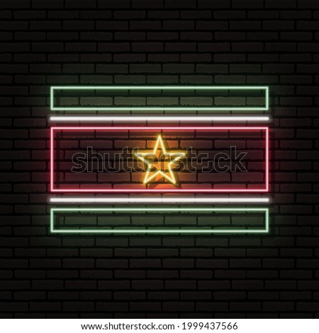 Neon sign in the form of the flag of Suriname. Against the background of a brick wall with a shadow. For the design of tourist or patriotic themes. South America