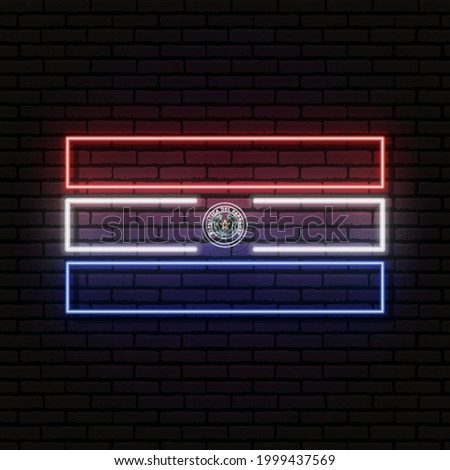 Neon sign in the form of the flag of Paraguay. Against the background of a brick wall with a shadow. For the design of tourist or patriotic themes. South America