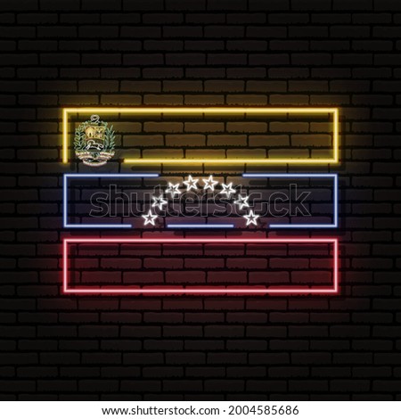 Neon sign in the form of the flag of Venezuela. Against the background of a brick wall with a shadow. For the design of tourist or patriotic themes. South America