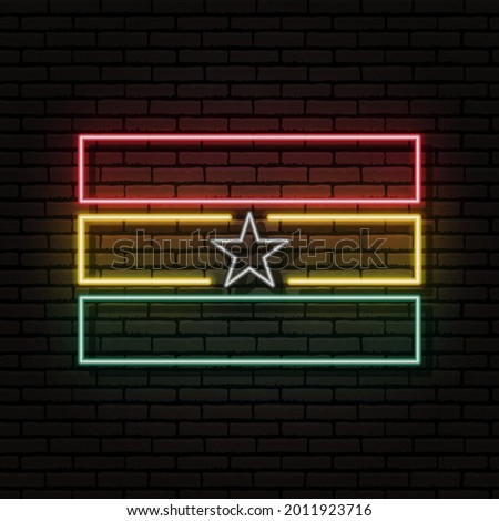 Neon sign in the form of the flag of Ghana. Against the background of a brick wall with a shadow. For the design of tourist or patriotic themes. The African continent