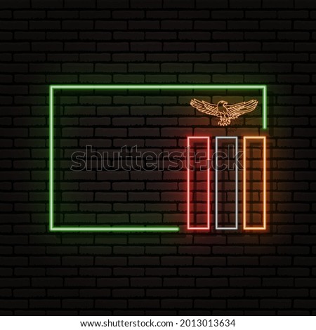 Neon sign in the form of the flag of Zambia. Against the background of a brick wall with a shadow. For the design of tourist or patriotic themes. The African continent