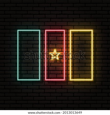 Neon sign in the form of the flag of Cameroon. Against the background of a brick wall with a shadow. For the design of tourist or patriotic themes. The African continent
