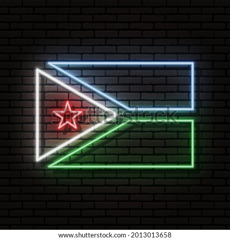 Neon sign in the form of the flag of Djibouti. Against the background of a brick wall with a shadow. For the design of tourist or patriotic themes. The African continent