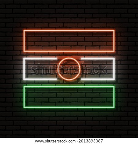 Neon sign in the form of the flag of Niger. Against the background of a brick wall with a shadow. For the design of tourist or patriotic themes. The African continent