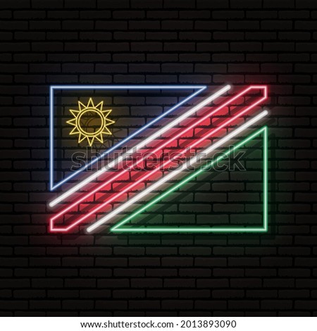 Neon sign in the form of the flag of Namibia. Against the background of a brick wall with a shadow. For the design of tourist or patriotic themes. The African continent