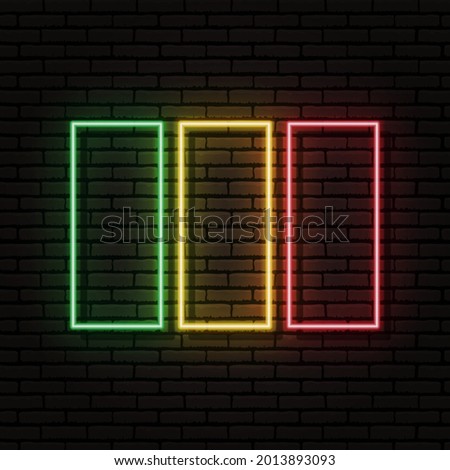 Neon sign in the form of the flag of Mali. Against the background of a brick wall with a shadow. For the design of tourist or patriotic themes. The African continent