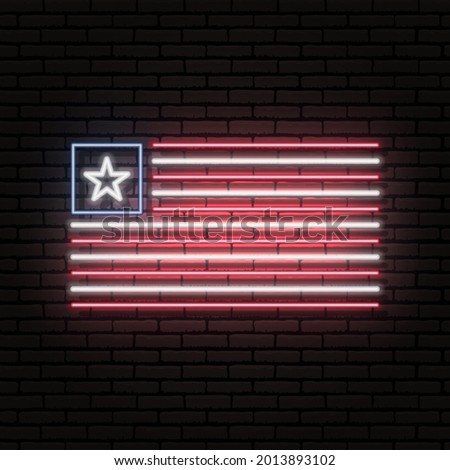 Neon sign in the form of the flag of Liberia. Against the background of a brick wall with a shadow. For the design of tourist or patriotic themes. The African continent