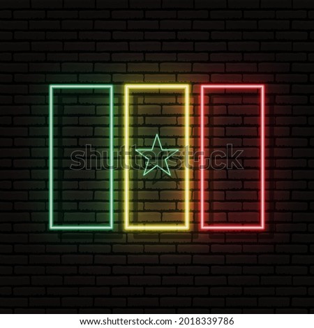 Neon sign in the form of the flag of Senegal. Against the background of a brick wall with a shadow. For the design of tourist or patriotic themes. The African continent