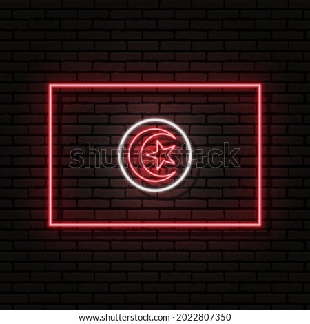 Neon sign in the form of the flag of Tunisia. Against the background of a brick wall with a shadow. For the design of tourist or patriotic themes. The African continent