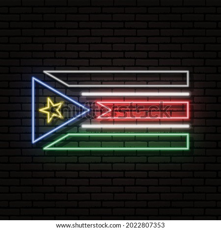 Neon sign in the form of the flag of South Sudan. Against the background of a brick wall with a shadow. For the design of tourist or patriotic themes. The African continent