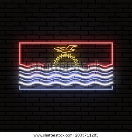 Neon sign in the form of the flag of Kiribati. Against the background of a brick wall with a shadow. For the design of tourist or patriotic themes.