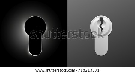 Cylinders of the lock. In two forms, in a realistic style and in the form of a silhouette with glare on a black background. Vector image.