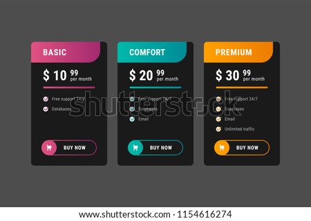 Three tariffs. interface for the site. ui ux vector banner for web app. Pricing Table Template with Three Plan Type. Pricing table, banner, button, list and bullet with plan for website in flat design