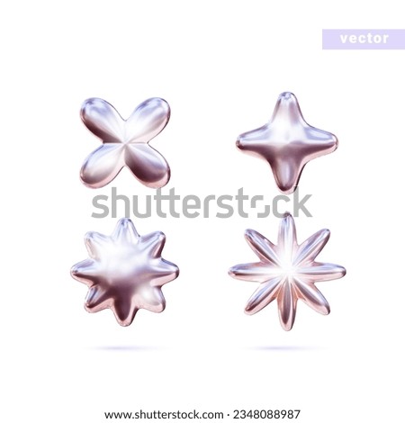 3d pink chrome metal shapes.Set of chrome elements for design in Y2K style