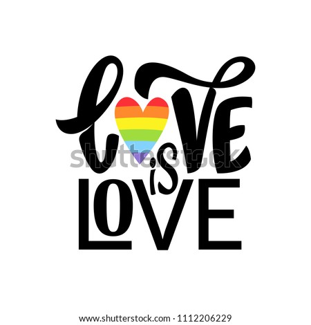Gay Lettering. Conceptual poster with LGBT rainbow hand lettering. Colorful glitter handwritten phrase Love is Love isolated on black background. Vector typographic illustration for gay community Сток-фото © 