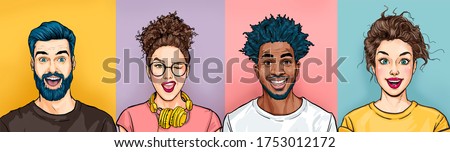 Cheerful smiling people has excited expression, dresssed casually, celebrates  something. Amazed  happy men and women. Portrait of diverse mixed race human being in good mood.