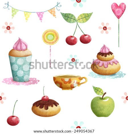 Happy Birthday pattern made of cupcake,cherry, apple, candies,flowers.Birthday background.Party background.