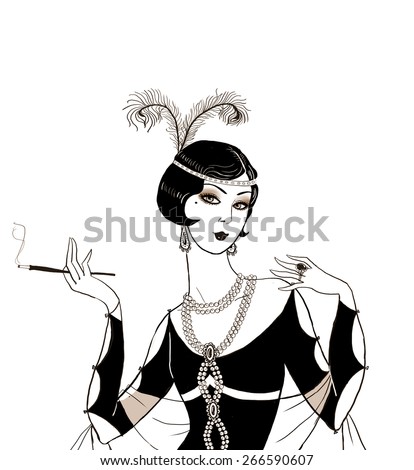 Flapper girl: Retro party invitation design.Art deco women with cigarette .Retro birthday invitation. Great Gatsby style party. Jazz party invitation poster or card design.