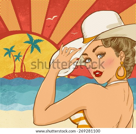 Comic illustration of girl  on the beach. Pop Art girl. Party invitation. Hollywood movie star.Vintage advertising poster. Vacations poster. Tourism poster. Sexy woman on the beach. Party on the beach