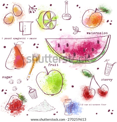 Seamless pattern with kitchen items.Stylish fruits:watermelon,pear, lemon,strawberries,peach,cherry.Food background. Kitchen decor design. Cookbook illustration. Book of recipes illustration