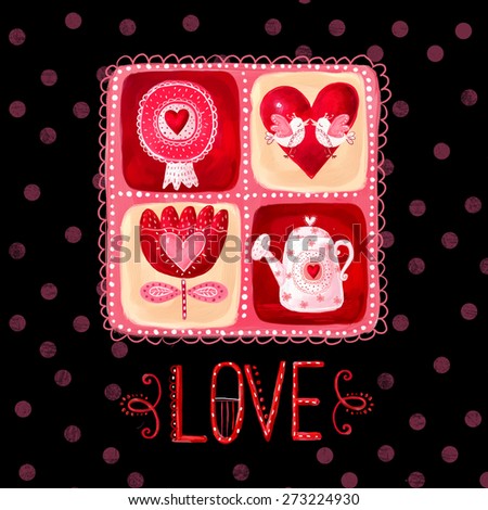 Love greeting card. Save the date background. Vintage background. Valentine background.Love heart design. Valentine day card. I love You card. Love card with red flowers, red heart and watering can.
