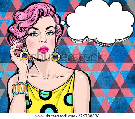 Pop Art illustration of girl with the speech bubble.Pop Art girl. Party invitation. Birthday greeting card.Hollywood movie star.Comic woman with speech bubble.Sexy girl. Magazine cover girl.Supermodel