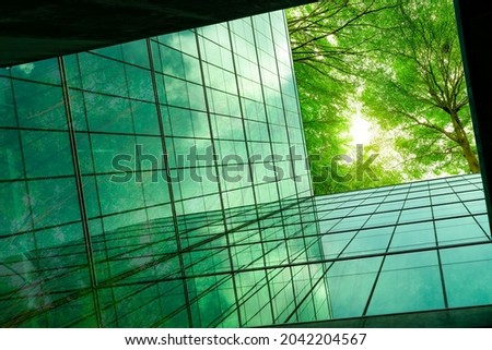Eco-friendly building in the modern city. Green tree branches with leaves and sustainable glass building for reducing heat and carbon dioxide. Office building with green environment. Go green concept. Foto stock © 