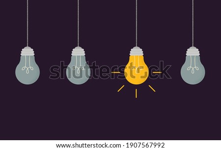 Vector illustration with hanging light bulbs: one is glowing, others is turned off. Set in cartoon style with trendy grain shadow. Concept of business, thinking, creativity, finding solution, idea