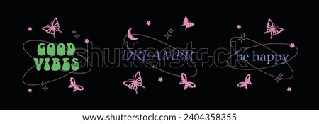 Vector set of illustrations with trendy linear icons with butterflies, stars, quotes. Modern postcards for fashion advertising, social media with motivational quotes in y2k style