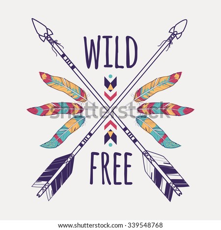 Vector Colorful Illustration With Crossed Ethnic Arrows, Feathers And ...