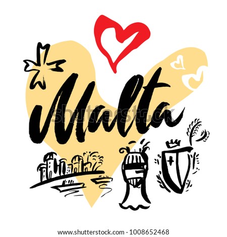 Set with iconic symbols in calligraphic style of the Malta on the background of hearts, Maltese cross, knight helmet, knight's shield. Calligraphy Malta, vector. Travel to Malta.