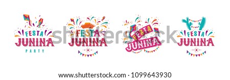 Festa junina party design set. Vector background with fireworks and garland. Vector illustration. For poster, card, web, invitation. 商業照片 © 