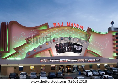 Jaipur, India; 6th Sept 2015: Rajmandir cinema theater in Jaipur rajasthan with cars parked outside. This is a famous landmark on MI road and a popular tourist destination