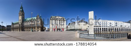 Hamburg - July 7: Panoramic view of the famous town hall and the Alsterarkaden in Hamburg, Germany on July 7, 2013