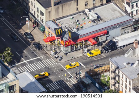 New York City - June 23: High angle view to a McDonald\'s restaurant in Manhattan at Avenue of the Americas on June 23, 2013