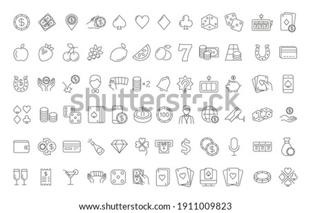 Casino and gamble set. Collection of vector line icons with elements for mobile concept and web app. Icons of slot machine, roulette, playing cards, dice, poker and more. Design with editable stroke.