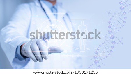 Medical science and biotechnology.Doctor touch on virtual interface with analysis chromosome DNA genetic of human