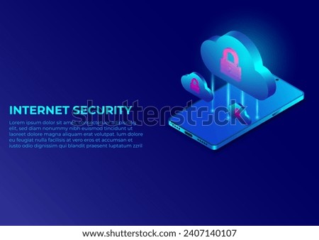 Isometric internet security banner design. cloud computing and multimedia network technology smartphone isometric. Cyber protection graphic vector.
