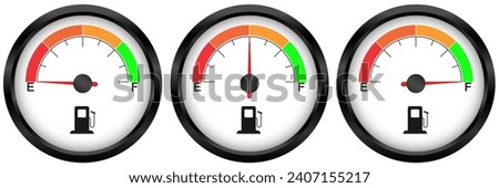 Set of Fuel gauge. low middle and a full tank. Round white car dashboard 3d. Fuel Indicator and Sensor. Vector isolated on white background.