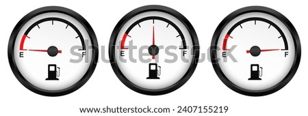 Set of Fuel gauge. low middle and a full tank. Round white car dashboard 3d. Fuel Indicator and Sensor. Vector isolated on white background.