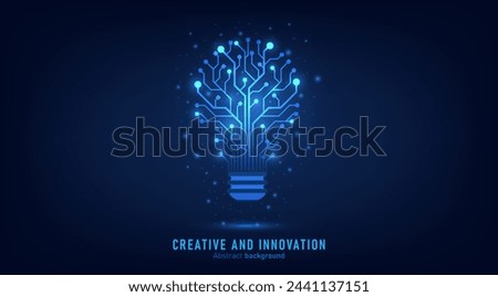 Innovation. Idea and solution technology concept. A light bulb from dot circuit board on the dark blue. Abstract cyber and digital computer innovation concept. Business innovation and creative idea.