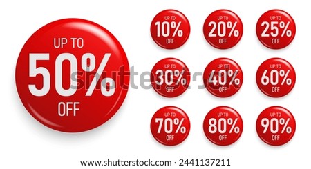 Different discount price 10, 20, 25, 30, 40, 50, 60, 70, 80, 90 percent Promotion sticker badge set for shopping marketing and advertisement clearance sale, Save money, Vector illustration.