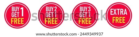 Buy Two Get One Free sale tags, Promotion discount isolated on white background, Discount speech bubble tag, Banner design template for advertising. Special offer, retail. Vector and Illustration.