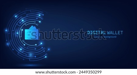 Digital wallet on dark blue circuit background. Digital wallet application internet banking. Mobile banking, online finance, e-commerce, money transaction concept. Online payment. Vector illustration.