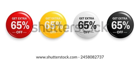 Get Extra 65% off sign. Discount offer price sign. Discount tag for shopping, marketing, advertisement, banner and web. Vector illustration.