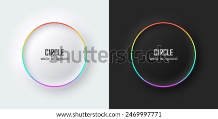 Set of realistic 3d circle, Rainbow illuminate neon lighting, Circles frames on a white and black background in neumorphism style. Elements for design. Top view of podium. EPS10 vector.